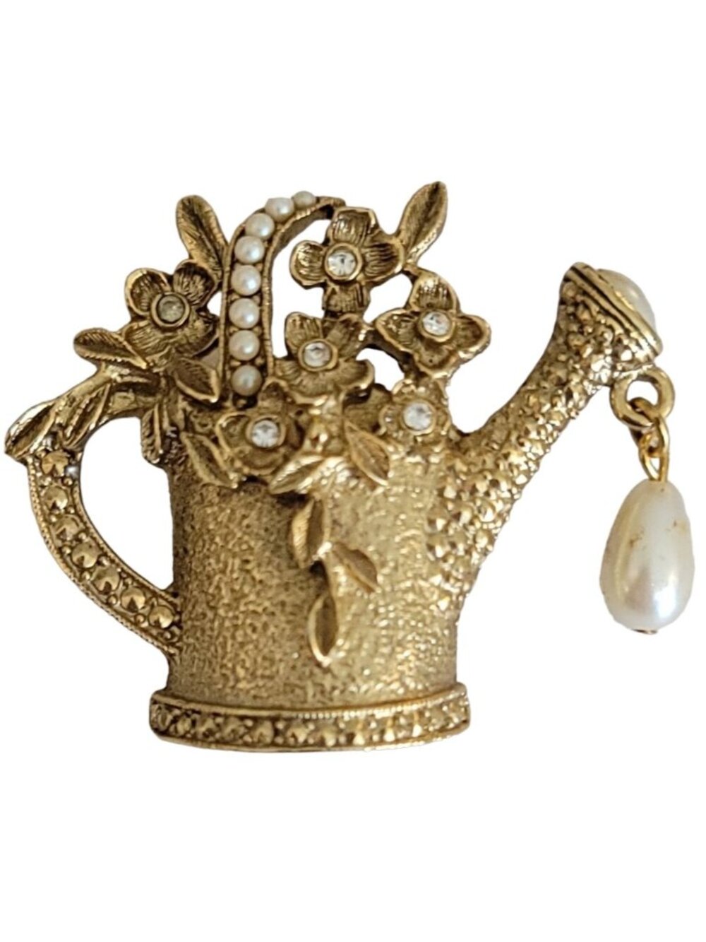 1928 Brand Gold Tone Faux Pearl Clear Rhinestone Water Can Dangle Brooch, K492